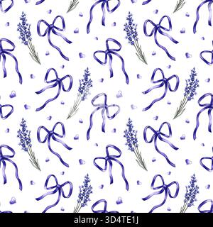 Ein nahtloses Muster mit niedlichen lila Schleifen, Herzen und Lavendelblüten. Handbemalt mit Aquarellen. Perfekt für Urlaubsdekor, Textilien, Verpackung Stockfoto
