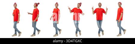 Set, Mann in rotem Hemd und festlichem Hut tanzt energisch, PNG Stockfoto