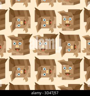 Niedliche Lieferbox Zeichen Vektor Illustration Set. Lustige neun Versandkartons mit Gesichtsausdruck. Verwendung von ähnlichen Aufklebern. Stock Vektor