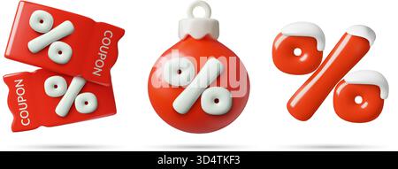 3D-Symbole im Winterangebot in Form von Gutscheinen mit Weihnachtsschmuck und Prozentzeichen mit Schnee Stock Vektor