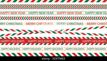 Bänder mit Grußaufschriften in traditionellen Weihnachtsfarben. Frohe Weihnachten, Happy New Year, Happy Holidays Text. Clip-Art zum Erstellen von Karten Stock Vektor