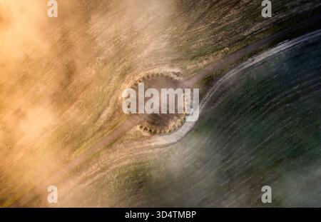 Aus der Vogelperspektive eines Kreisverkehrs, der in Nebel getarnt ist und Felder im goldenen Licht des Val d’Orcia, Toskana, Italien, teilt. Stockfoto