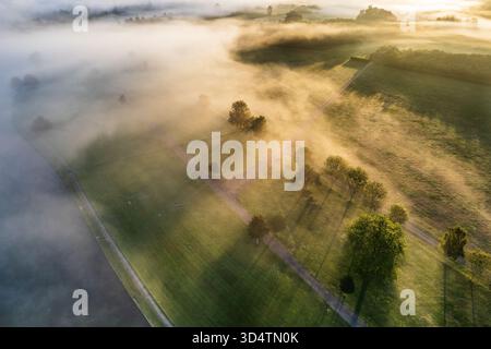 Blick aus der Vogelperspektive auf goldenes Sonnenlicht, das durch den Morgennebel über die grünen Felder und Bäume durchdringt, Henley-on-Thames, Oxfordshire, Großbritannien. Stockfoto