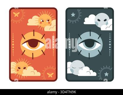 Handgezeichnetes Tarot-Kartendesign mit Sonne- und Mondfiguren und magischem Auge. Vektorabbildung Stock Vektor
