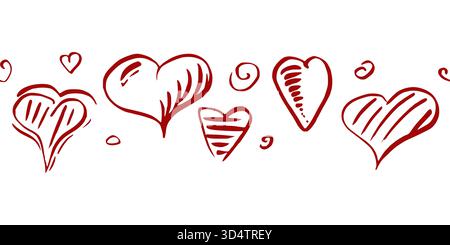 Handgezeichnete, skizzierte Herzen, verspielte Kritzeleien und Wirbel in durchgehender Umrandung angeordnet. Isolierte Vektortinte nahtlose Bannerillustration. Valentinstag Stock Vektor