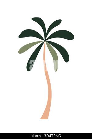 Minimale Palme mit grünen Blättern und gebogenem hellbraunem Stamm auf weißem Hintergrund Stock Vektor