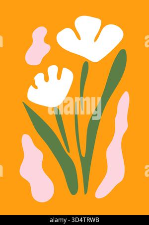 Weiße Blumen mit grünen Stielen und rosa Formen auf orangem Hintergrund in flachem abstraktem Stil Stock Vektor