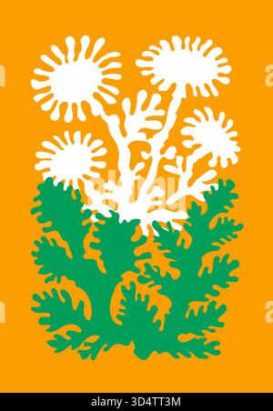 Weiße abstrakte Blumen mit grünen Blättern auf hellorangem Hintergrund in flachem grafischem Stil Stock Vektor
