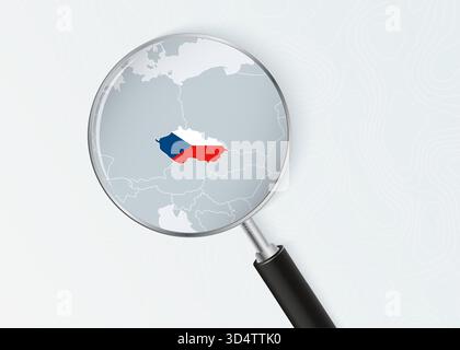 Karte der Tschechischen Republik unter Vergrößerungsglas mit Nationalflaggenüberzug. Das Bild repräsentiert geographischen Fokus, nationale Identität und Erkundung. Stock Vektor
