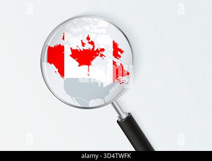 Kanada-Karte unter Vergrößerungsglas mit Nationalflaggenüberlagerung. Das Bild repräsentiert geographischen Fokus, nationale Identität und Erkundung. Stock Vektor
