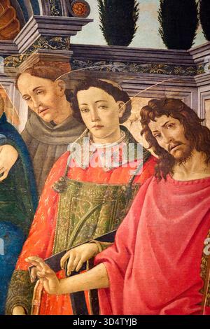Nahaufnahme, Madonna und Kind mit Heiligen, Pala del Trebbio, 1480-1500, ALESSANDRO FILIPEPI bekannt als SANDRO BOTTICELLI (Firenze, 1445-1510), Galleria dell'Accademia, Florenz, Firenze, Toskana, Italien. Stockfoto