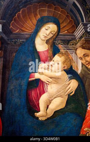 Nahaufnahme, Madonna und Kind mit Heiligen, Pala del Trebbio, 1480-1500, ALESSANDRO FILIPEPI bekannt als SANDRO BOTTICELLI (Firenze, 1445-1510), Galleria dell'Accademia, Florenz, Firenze, Toskana, Italien. Stockfoto