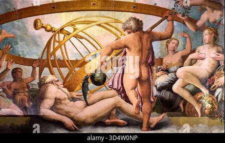 Decke, Luft, Cronus, Gott der Zeit, umgeben von Allegorien der Vorrechte des Schöpfers, verstümmelt Uranus, Gott des Himmels, dessen Samen die vier Elemente hervorbringt, Raum der Elemente, Quartiere degli Elementi, Giorgio Vasari, Cristofano Gherardi, Marco Marchetti da Faenza, 1555, 1557, Palazzo Vecchio, Florenz, Toskana, Italien. Stockfoto