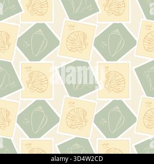 Reisestimmung. Marinemuster mit Briefmarken mit Muschelkontur handgezeichnet, Sommerurlaub, Marine, Ozean, Reisen. Vektorabbildung Stock Vektor