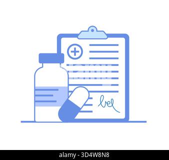 Konzept von Medizin, Gesundheitswesen, Pharmazie. Set aus Pillen und Flasche vor dem Rezept, flache monochrome Minimalillustration mit Umriss. Stock Vektor