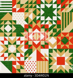 Winterweihnachtssterne Flickwerk, unregelmäßiger geometrischer Hintergrund, nahtloser Vektor wiederholendes Muster, Quilt Folk Art Design Layout, sich wiederholende geometrische Stock Vektor
