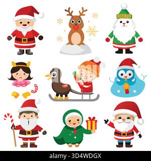 Schwarzes, einfarbiges Weihnachtsfiguren-Set mit 30 lustigen Weihnachtsfiguren – von Weihnachtsmann und Elfen bis hin zu Pinguinen und Lebkuchen – ideal für festliche Apps, Stock Vektor