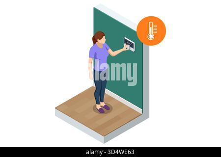 Smart Home Klimaregelung. Isometrische Illustration einer Frau, die einen intelligenten Thermostat an der Wand anpasst und die Raumtemperatur in einem modernen Zuhause steuert Stock Vektor