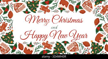 Festlicher Rahmen mit frohen Weihnachten und frohen Neujahrsgrüßen. Design mit Lebkuchenhaus, Mann, Tannenzapfen, stechpalmenkuchen und Weihnachtsbaum Stock Vektor
