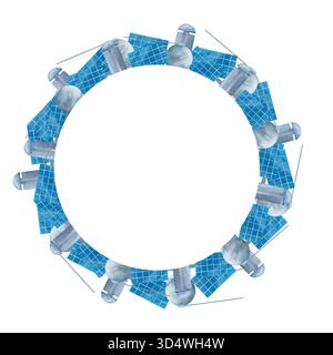 Runder Rahmen, Kranz aus blauen und grauen Weltraumsatelliten. Digitale Aquarellabbildung. Niedliches Design für Kinder Stockfoto