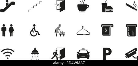 Symbole Für Öffentliche Einrichtungen Und Service (Öffentliche Einrichtungen Und Service). Barrierefreiheit, Annehmlichkeiten und Komfort Silhouette Symbol Collection. Inklusive Treppe, Ausgang, Kaffee Stock Vektor