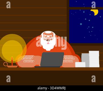 Der Weihnachtsmann arbeitet spät in der Nacht auf einem Laptop. Moderne Weihnachtsillustration über Feiertage und Fernarbeit. Stock Vektor
