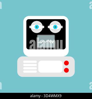 Vintage-Computer mit einem Bildschirm, der ein stilisiertes Gesicht oder einen Roboterkopf anzeigt. Konzept der künstlichen Intelligenz (KI), Retro-Computing oder Technologie Inter Stock Vektor