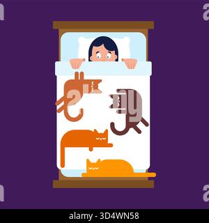 Einsame Frau, die im Bett schläft, umgeben von Katzen. Gemütliche Atmosphäre und Liebe zu Haustieren. Illustration der Vektorabwicklung. Stock Vektor