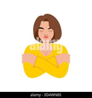 Frau, die sich mit gekreuzten Armen umschließt, symbolisiert Selbstfürsorge, Selbstliebe, emotionale Unterstützung und geistige Stärke. Steht für Selbstakzeptanz und er Stock Vektor