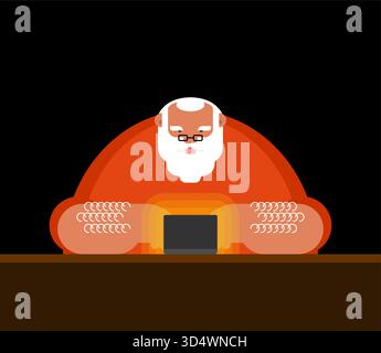 Weihnachtsmann oder Weihnachtsmann arbeiten nachts an einem Schreibtisch mit Laptop. Konzept von Urlaubsgeschäft, Fernarbeit oder moderner Logistikplanung Stock Vektor