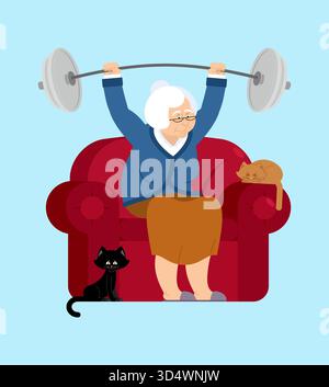 Ältere Frau (Großmutter), die auf einem Sofa sitzt und eine schwere Langhantel hebt. Konzept des aktiven Alterns, Fitness, Gesundheit, Kraft oder Humor. Stock Vektor