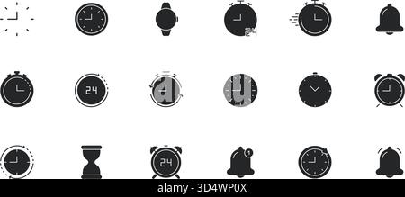 Uhrzeit Und Timer-Symbol Eingestellt. Zeitmanagement, Alarm Und Stoppuhr Silhouette Symbol Collection. Verschiedene Uhrentwürfe Für Planung Und Erinnerungen Stock Vektor