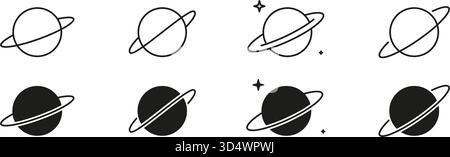 Planet mit Ring Line und Solid Icon Set. Astronomie Saturn Sphere Orbit Cosmic Object and Space Exploration Symbol Collection. Bearbeitbare Kontur Stock Vektor