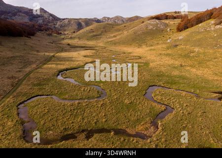 Aus der Vogelperspektive auf einen Fluss, der sich durch die goldenen Wiesen von Bjelasnica schlängelt, mit Hügeln, die sich in der Ferne erheben und einen atemberaubenden Kontrast zwischen Farben und erzeugen Stockfoto