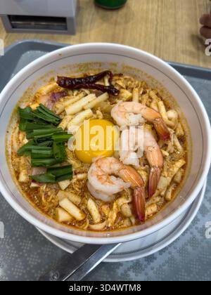 Eine lebendige Schüssel mit würzigen thailändischen Nudeln mit prallen Garnelen, einem reichhaltigen rohen Eigelb, duftenden Kräutern und feurigen getrockneten Chilis. Dieses tröstende, f Stockfoto