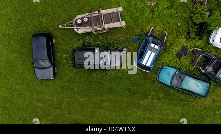 Mehrere verlassene Autos und ein Truck sitzen inmitten von hohem Gras in einer sonnigen Umgebung. Stockfoto