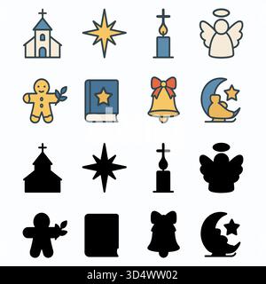 Minimaler Weihnachtsglaube und Tradition mit Kirche, Stern, Kerze, Engel, Lebkuchenmann, heiliges Buch, Glocke und Mond Symbole auf weißem Hintergrund Stock Vektor