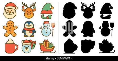 Niedliche Weihnachtsfiguren mit Weihnachtsmann, Rentier, Pinguin, Schneemann, Geschenkschlitten, und Kakaobecher Vektor-Design Stock Vektor