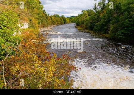 Von den Aysgarth Falls aus setzt der Fluss seine Reise in Richtung Wensley in Yorkshire fort. Stockfoto