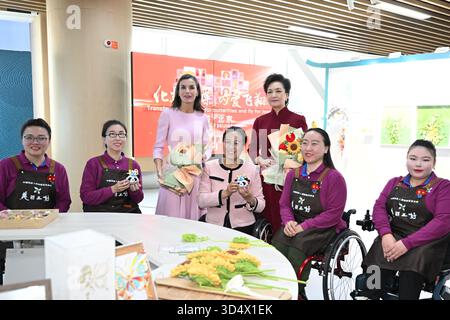 Peking, China. November 2025. Peng Liyuan, Ehefrau des chinesischen Präsidenten Xi Jinping, und Spaniens Königin Letizia posieren für ein Gruppenfoto mit Menschen mit Behinderungen, die im Pekinger Demonstrationszentrum für Menschen mit Behinderungen am 12. November 2025 in Peking, Hauptstadt Chinas. Peng und Letizia, die König Felipe VI. Von Spanien bei seinem Staatsbesuch in China begleiten, besuchten das Zentrum am Mittwoch. Quelle: Li Xiang/Xinhua/Alamy Live News Stockfoto