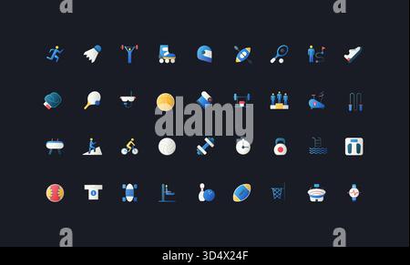 Symbole im flachen Farbverlauf mit diversen Fitness-, Workout-, Sport-, Fitness- und Fitnessgeräten, einschließlich Gewichte, Stoppuhr, Ball und Radfahren auf dunkler UI-Hintergrundvektorillustration. Stock Vektor