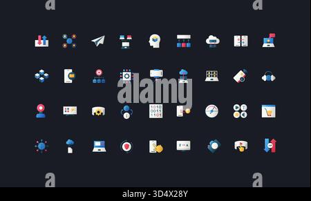 Symbole im flachen Farbverlauf mit digitaler Transformation, Cloud-Computing, Datenanalyse, künstlicher Intelligenz, Automatisierung, und Geschäftsprozess auf dunkler UI-Hintergrundvektorillustration. Stock Vektor