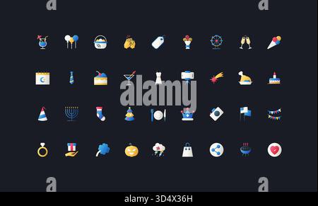 Symbole im flachen Stil mit Farbverlauf mit Party, Feiertag, Feier, Essen, Geschenken, Dekorationen und Ereignissymbole auf dunkler UI-Hintergrund-Vektor-Illustration für festliches und saisonales Design. Stock Vektor
