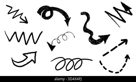 Sammlung verschiedener schwarzer handgezeichneter Pfeile, isoliert auf weißem Hintergrund. Dieses Vektorset enthält verschiedene Doodle- und Skizzenstile wie Zickzack Stock Vektor
