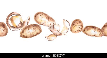 Nahtloser Rand von ganzen Kartoffeln und Schalen. Isolierte Aquarellillustration zum Thema Gemüse für die Gestaltung von Saatgutverpackungen, Restaura Stockfoto