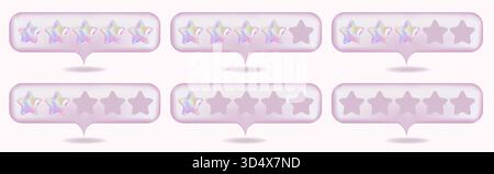 3D Y2K Chrom Bubble Bewertung 5 Sterne, für besten ausgezeichneten Service. Gradient Pink 5 Sterne für hochwertige Kundenbewertung. Feedback-Konzept vom Kundenmitarbeiter, Produktbewertung. Chromatisches 3D-Vektor-Rendering. Stock Vektor