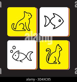 Vektorbild mit Katzen- und Fischsymbolen auf farbenfrohen Hintergründen Stock Vektor