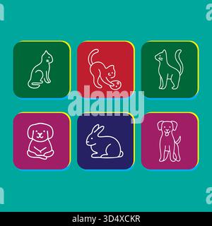 Sammlung umrissener Haustiere Hunde Katzen Kaninchen mit Ikonen Stock Vektor