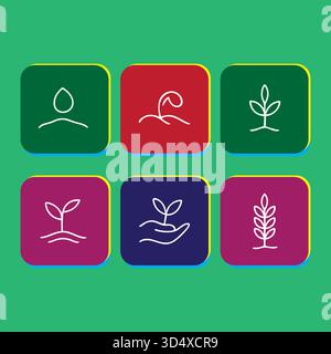 Symbole für wachsende Pflanzen auf farbenfrohen, abgerundeten Quadraten Stock Vektor