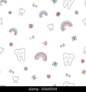 Lustiges Nahtloses Muster Für Kinder Mit Lächelnden Zähnen Schmetterlingen Regenbögen Und Verspielten Dentalelementen Stock Vektor